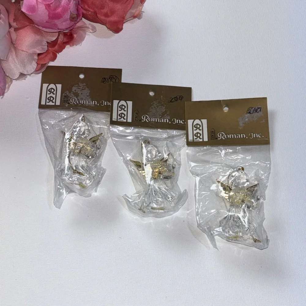 Clear Angel Ornament Set of Three Vintage Clear Angel Ornaments VTG NEW ROMAN